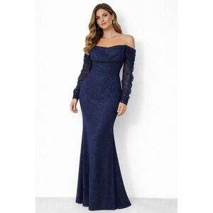 Windsor Navy  Size S Sparkle Off Shoulder Ruffle Sleeve Mermaid Gown Dress